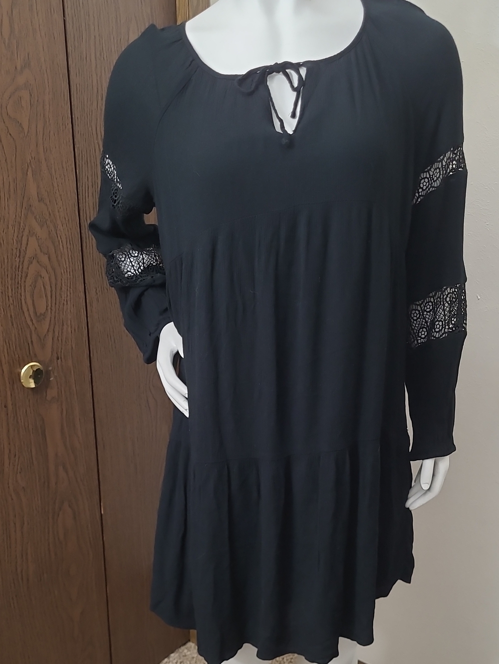 Old Navy Black Long-Sleeve Lace-Trim Tie-Neck Dress